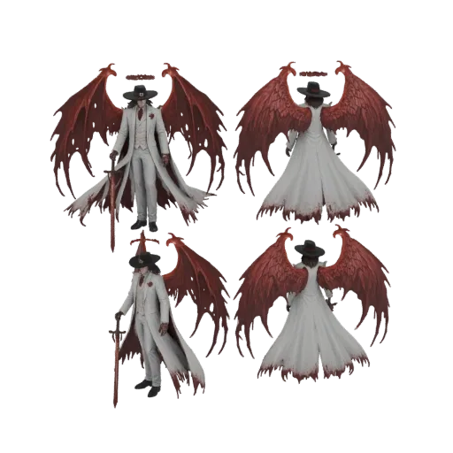 3D model of the Angel of Death in a white suit with large red wings and a sword, shown from front and back.