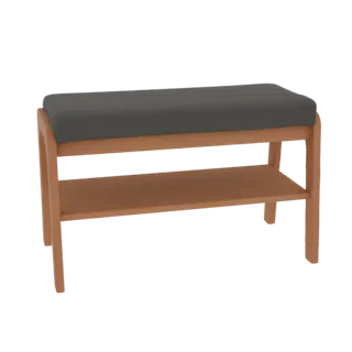 Modello 3D di una panca moderna in legno con seduta imbottita scura e mensola inferiore in legno, su sfondo bianco.