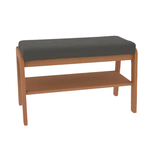 3D-Modell einer modernen Holzbank mit dunklem Polstersitz und unterem Holzregal, vor weißem Hintergrund.