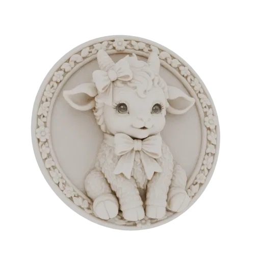3D model of a cute baby lamb with two bows, sitting and looking forward with large eyes.
