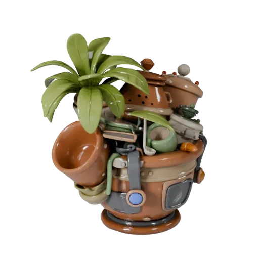Cluttered Plant Pot High Poly 3D model, close-up studio render, showing ceramic, recognizable everyday shapes.