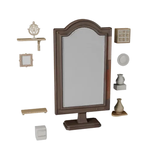Handmade Mirror Stylized 3D model, living room, stylized isometric render, ceramic detail.