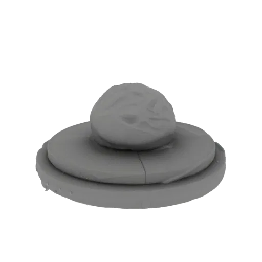 Ein 3D-Rendering eines stilisierten gestapelten Desserts mit zwei kreisförmigen Schichten und einer texturierten Kugel oben,