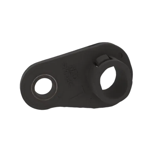3D model of a dark gray automotive bracket with a mounting hole and a cylindrical protrusion, showing visible markings.