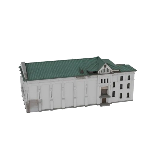 Modelo 3D de un edificio industrial clásico blanco con techo inclinado verde, visto desde un ángulo lateral ligeramente eleva