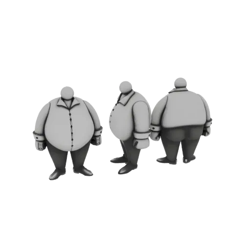 A 3D render showing three views of a stylized, chubby man character model wearing a button-up shirt.