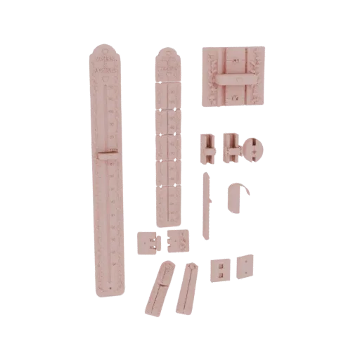 A 3D render of a pink thermometer and ruler set, with separate pieces arranged on a black background.