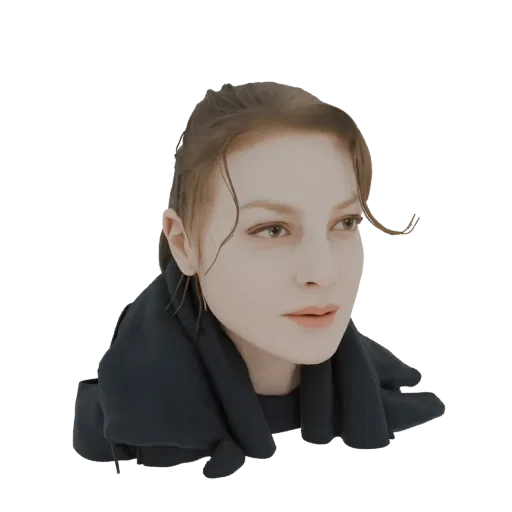 AI-generated 3D model of a woman wearing a dark scarf, looking to the side.