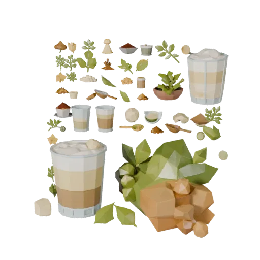 Baking Herb Bundle Low Poly 3D model, game viewport three-quarter view, showing powders, small ingredient shapes.