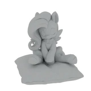 Un rendering 3D di un pegaso carino, grigio chiaro, con ali, seduto con gli occhi chiusi su un cuscino morbido e testurizzato