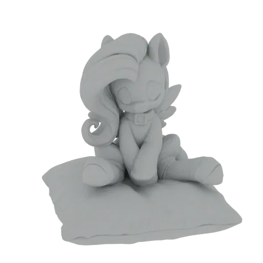 Rendu 3D d'un pégase mignon, gris clair, avec des ailes, assis les yeux fermés sur un coussin doux et texturé.