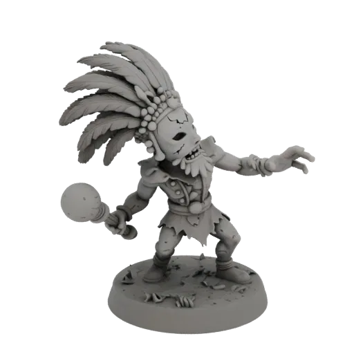 3D model of a Zombie Carnival King miniature with a broken mask and feather headdress, holding a club.