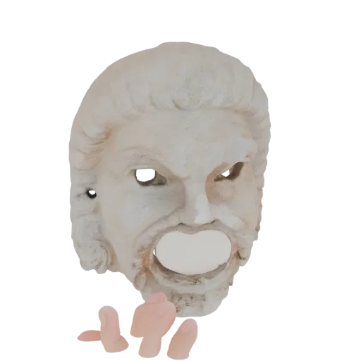 3D model of an ancient Greek theater mask with a distressed texture and an open, shouting mouth.