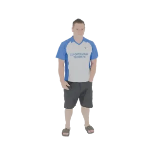 Modèle 3D d'un homme portant un polo bleu et blanc et un short gris, debout les mains dans les poches.