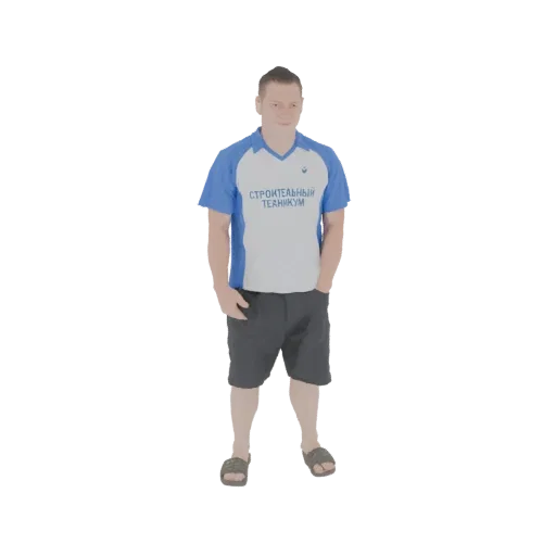 3D-Modell eines Mannes in blau-weißem Poloshirt und grauer Hose, der mit den Händen in den Taschen steht.