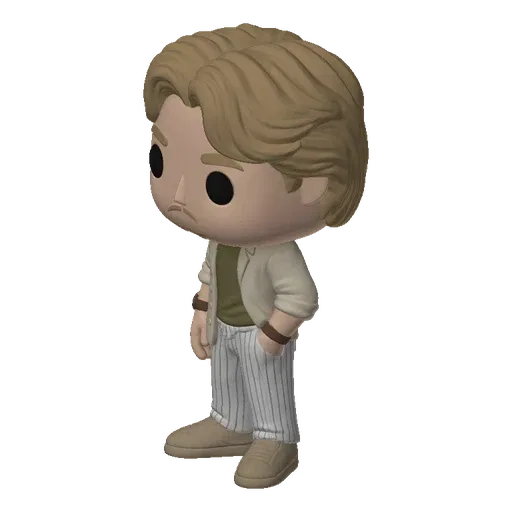 3D model of a male character in a retro leisure suit, styled like a Funko Pop figure, with blonde hair and a mustache.