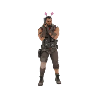 Modelo 3D de operador táctico con barba, equipo táctico y cinta de estrellas rosas, portando un arma.