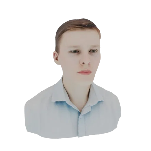 3D model render of a young man with light brown hair, wearing a light blue collared shirt, facing slightly to the right.