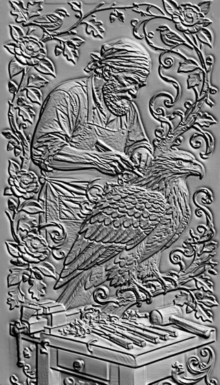 3D model of "Master and Eagle" bas-relief featuring a craftsman, eagle, flowers, and birds, executed in a classic style.