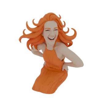 3D model of a joyful woman with her eyes closed and mouth open in laughter, her vibrant orange hair flowing dynamically aroun