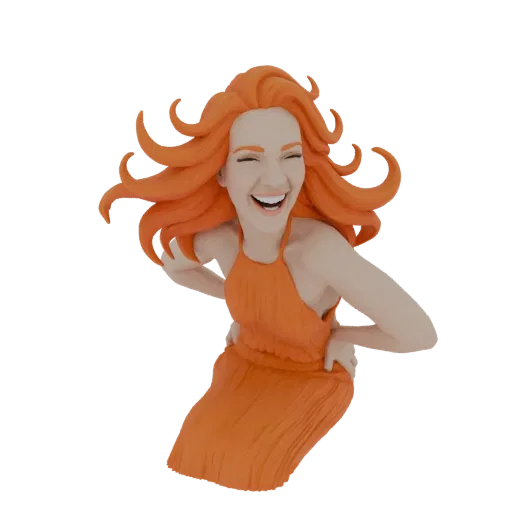 Modelo 3D de mujer alegre con ojos cerrados y boca abierta riendo, su vibrante cabello naranja fluye dinámicamente alrededor