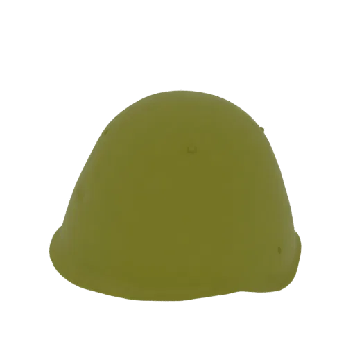 Un rendering 3D di un elmetto sovietico SSh-68 in acciaio con finitura verde oliva, mostrato da una prospettiva frontale late