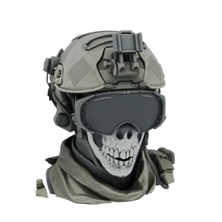 3D-Modell eines Schädelkriegers mit taktischem Helm und Brille, detailliertem Totenkopfgesicht und militärischem Schal.