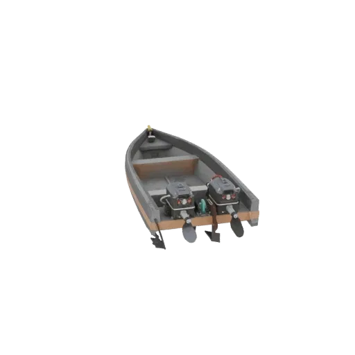 Modèle 3D bateau à double moteur, proue pointue, coque grise et deux moteurs à l'arrière