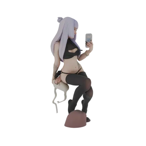 3D model of an anime girl with purple hair, wearing black lingerie and thigh-high stockings, sitting on a stool and taking a