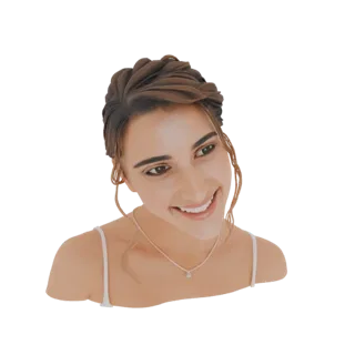 3D model of a smiling woman with her hair in an updo and wearing a diamond necklace, viewed from the front.