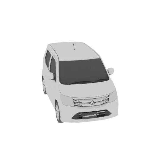 Un rendering di un modello 3D di una Suzuki WagonR bianca visto da un'angolazione anteriore-sinistra leggermente elevata su u