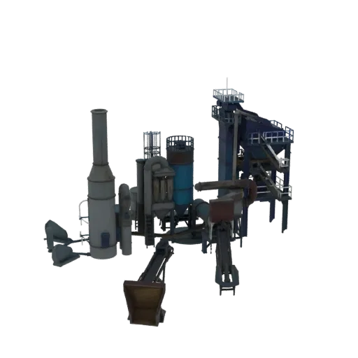 3D model of a complex industrial processing plant with smokestack, tanks, pipes, and machinery.