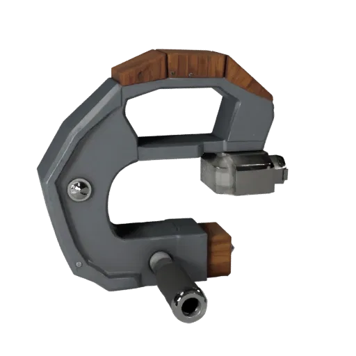 Modello 3D Low Poly Precision Clamp, vista tre quarti viewport gioco, con metallo verniciato, zone di presa chiare.
