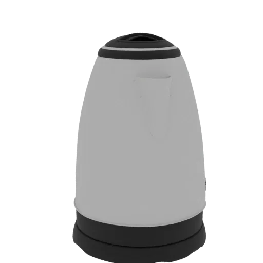 3D model of a modern electric kettle with a white body and black lid and base, set against a black background.