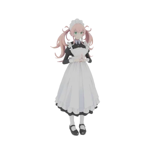 3D model of an anime maid girl with pink twin-tails, wearing a black and white uniform, standing with hands clasped.