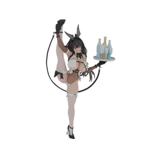 3D model of a bunny girl in a high split pose, holding a tray with drinks, wearing a maid outfit and bunny ears.