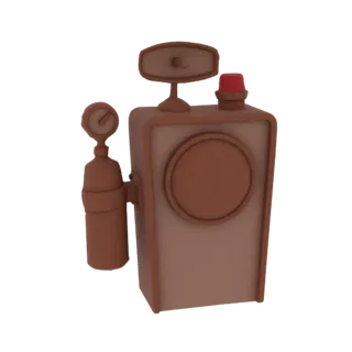 3D model of a stylized retro gas pump with a side-mounted pressure gauge and a red warning light on top.
