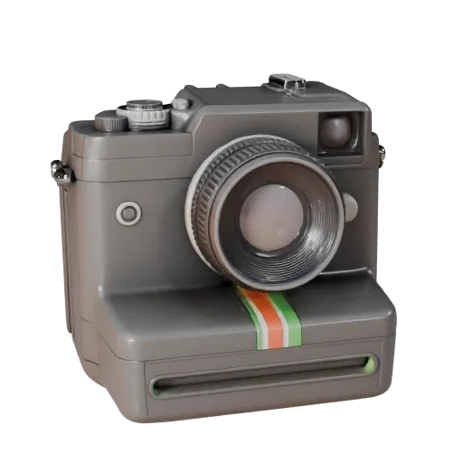 Vintage Instant Camera High Poly 3D model, close-up studio render, showing textured grips, lens barrels.
