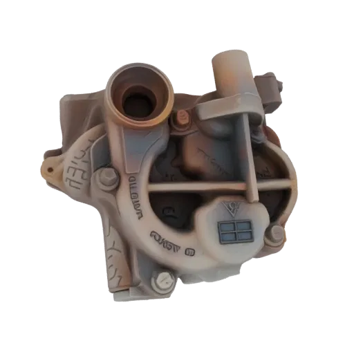 3D model of an industrial pump housing with a textured metallic surface, showing bolts and mechanical details.