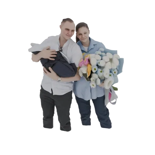 3D model of a smiling couple holding a newborn baby, with the mother holding a bouquet of white and blue flowers.