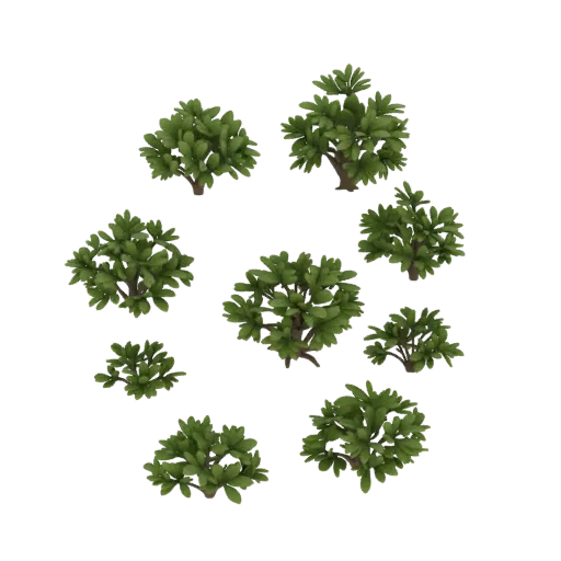 Low Bush Scatter Pack Printable 3D model, isometric tabletop STL render, showing leaf clusters, terrain detail.