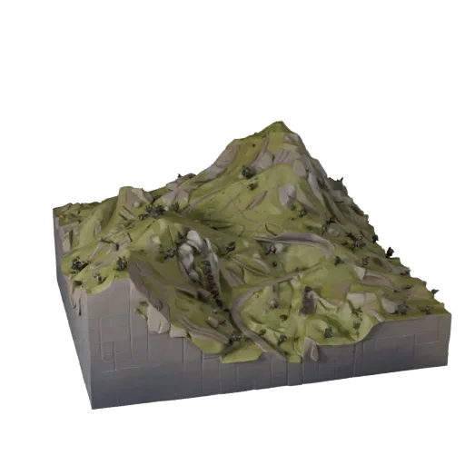 Mountain Switchback Trail Unity 3D model, isometric viewport view, showing layered soil, rock faces.