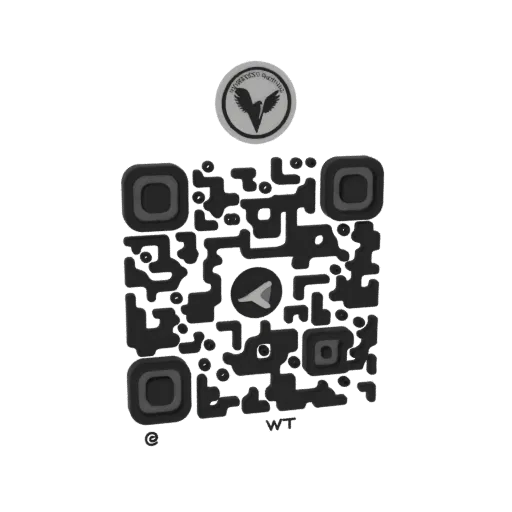 3D model of a QR code with a circular emblem featuring an eagle silhouette above the code and 'WT' text below.