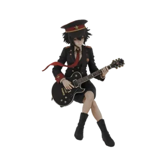 Modelo 3D de una chica anime con uniforme militar tocando una guitarra eléctrica negra, sentada con las piernas cruzadas.