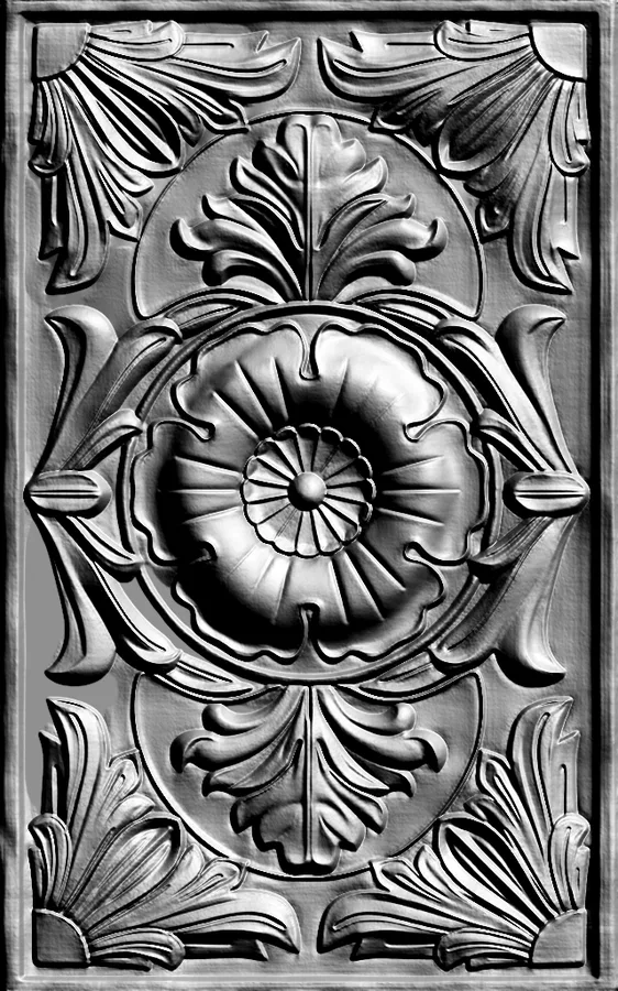 3D model of a classic bas-relief with a central floral medallion surrounded by floral ornaments, in monochrome.
