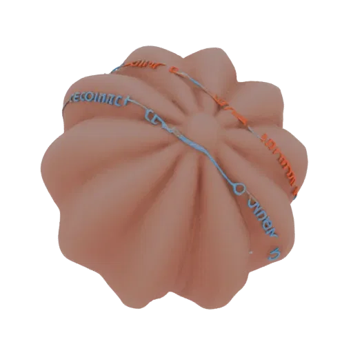 3D model of a fluted pastry with blue and orange script wrapping around its surface, set against a white background.