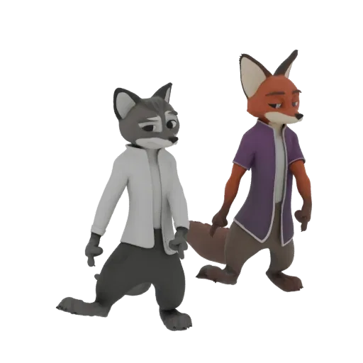 3D model of two anthropomorphic foxes, one wearing a white lab coat and the other a purple shirt, standing side-by-side with