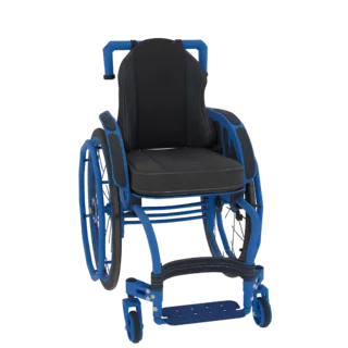 3D model of a lightweight blue sports wheelchair with black upholstery and white stitching, shown from a front-three-quarter