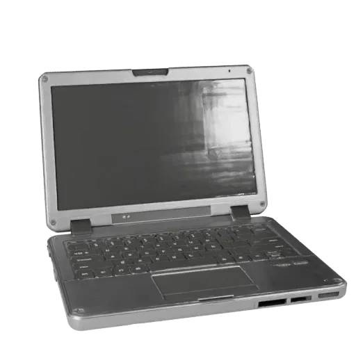 Gaming Portable Workstation Low Poly 3D model, game viewport three-quarter view, showing brushed metal, open lid angle.
