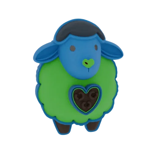 3D model render of a cute blue sheep with a green body and a heart emblem on its chest, set against a black background.